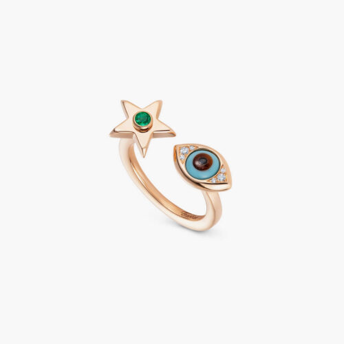 Talisman Ring Star Charms in Rose Gold with One Emerald and Diamonds
