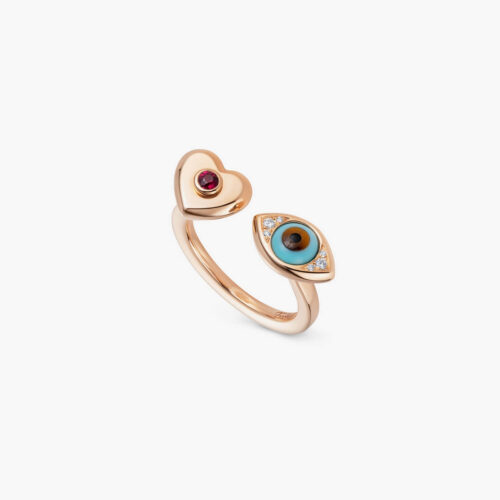Talisman Ring Heart Charms in Rose Gold with One Ruby and Diamonds