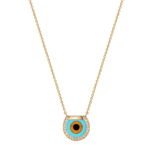 Horseshoe Eye Necklace in Yellow Gold, Turquoise, Onyx and Tiger's Eye with Pavé Diamonds, Large