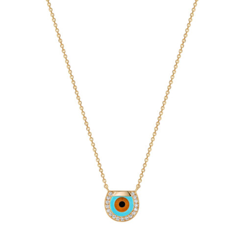 Horseshoe Eye Necklace in Yellow Gold, Turquoise, Onyx and Tiger's Eye with Pavé Diamonds, Small
