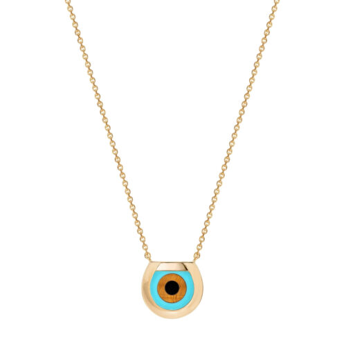 Horseshoe Eye Necklace in Yellow Gold, Turquoise, Onyx and Tiger's Eye, Large