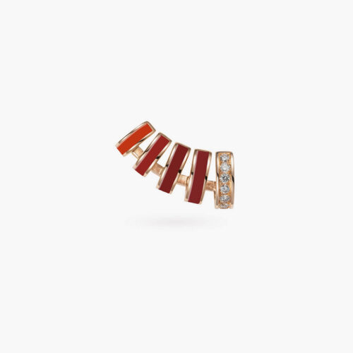 B-Glam Chromatic Single Ear Cuff in Yellow Gold and Red Enamel with Pavé Diamonds, Right Side